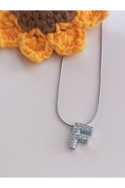 Blotch Curved Stainless Steel Stylish and Stylish Zircon Stone F Letter Necklace 1.2 cm