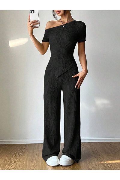 poswicon Black Off Shoulder Asymmetrical Hem and Pants Bottom Top Suit