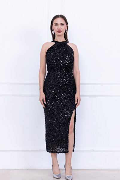 BEYBOS Sequin Fabric Halter Neck Pencil Dress - Black