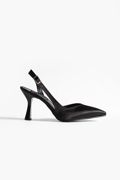 es exello Asgard Back Open Goblet Heeled Black Satin Shoes
