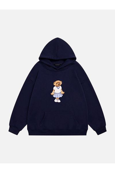 Mad&Calf Women's Pretty Teddy Printed Hooded Fleece Oversize Sweatshirt