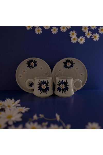 Çiporcal Crocus Flower Navy Blue Set of 2 Turkish Coffee Cups