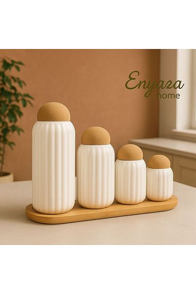 ENYAZA(2024) Set of 4 Ball Cork Lid Stand Striped Porcelain Jar and Spice Rack