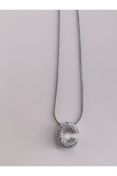 Blotch Curved Stainless Steel Stylish and Stylish Zircon Stone C Letter Necklace 1.2 cm