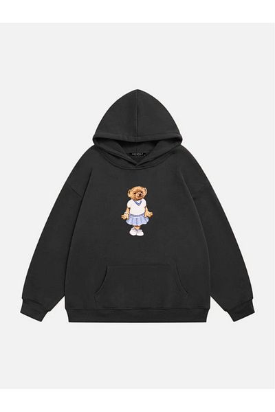Mad&Calf Women's Pretty Teddy Printed Hooded Fleece Oversize Sweatshirt