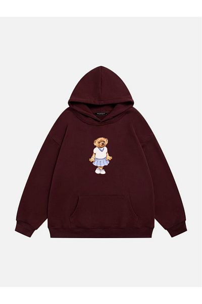 Mad&Calf Women's Pretty Teddy Printed Hooded Fleece Oversize Sweatshirt