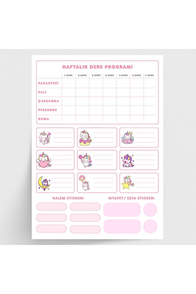 Bimotif Figürlü isimlik, ders programı, kalem ve eşya sticker seti, pembe 10 ...