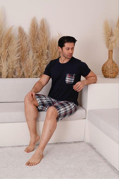 FENZO Men's Cotton Printed Bottom Top Checkered Short Sleeve Shorts Pajamas Set