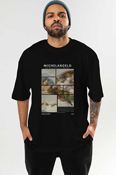 Ankhises Tricou negru supradimensionat cu imprimeu Michelangelo în față, pent...