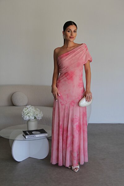 Julidress Desenli Tek Omuz Astarlı Premium Şifon Tül Elbise