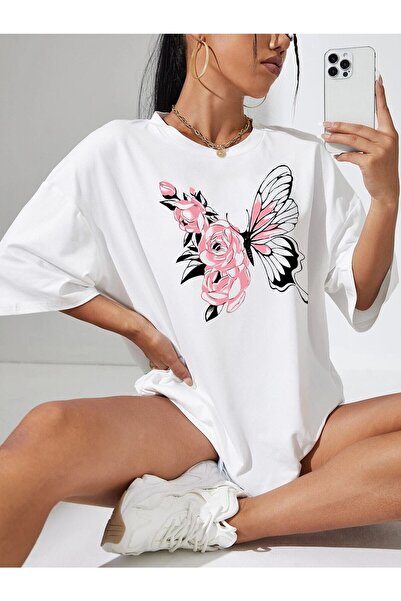 donamod Tricou oversize din bumbac pieptănat cu imprimeu special Fluture alb ...