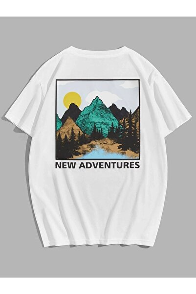 donamod Men's White Mountain Printed Crew Neck Tshirt