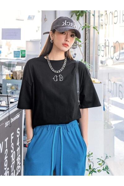 donamod Tricou oversize cu imprimeu pinguin negru de damă