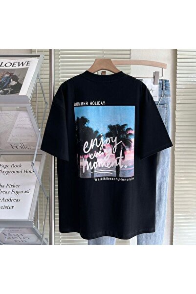 donamod تيشيرت نسائي أسود برقبة دائرية مطبوع عليه استمتع بكل لحظة