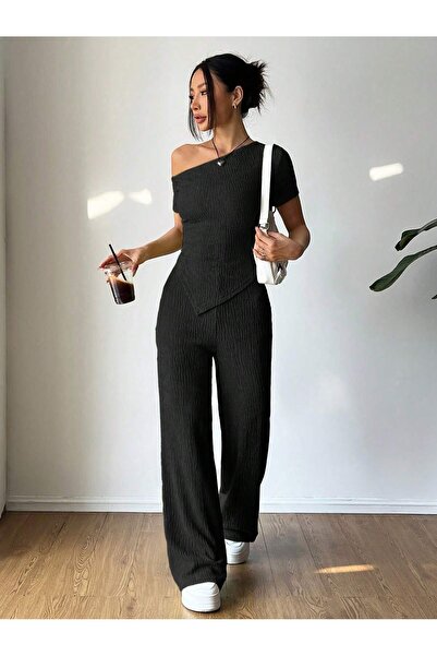 WEEST MODA Black Off Shoulder Asymmetrical Hem and Pant Bottom Top Suit