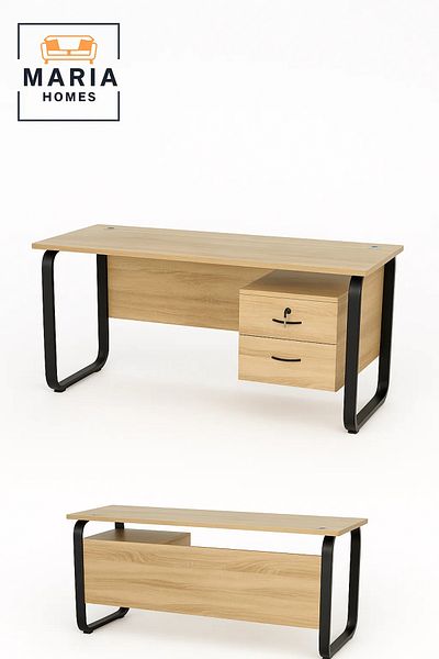 MARIA HOMES Light Wood Office Desk with Metal Frame and Lockable Drawer Cabinet-size 60*140