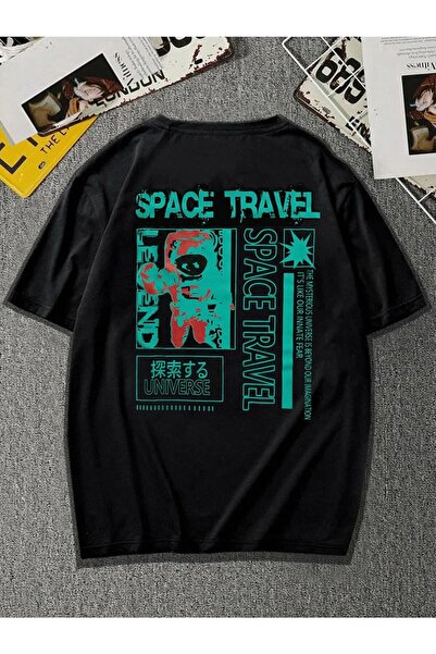 donamod Tricou unisex negru Space Travel cu imprimeu personalizat, din bumbac...