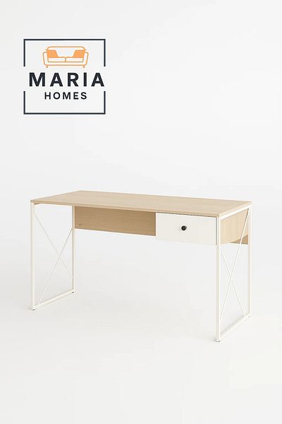 MARIA HOMES Minimalist Light Wood Desk with White Metal Frame and Drawer