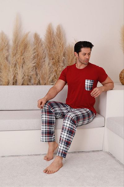 FENZO Men's Cotton Printed Bottom Top Checked Short Sleeve Pajamas Set