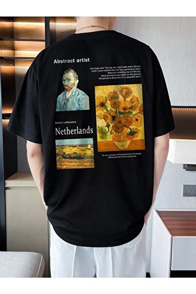 donamod Унисекс черна холандска памучна тениска с принт