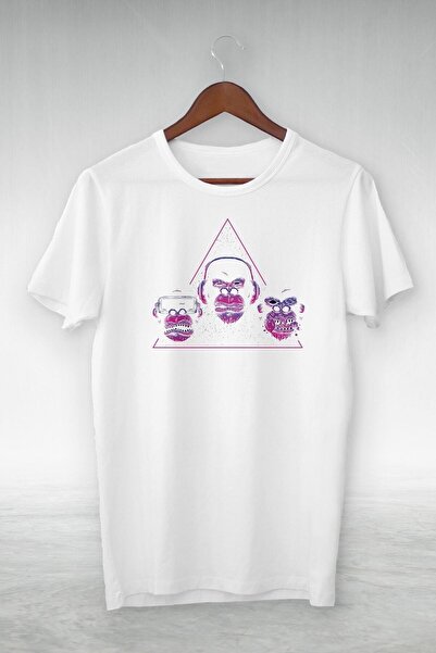 donamod White - 3 Mones in a Purple Triangle Printed Illustration T-Shirt - V...