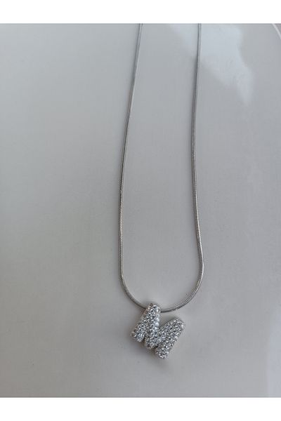 Blotch Curved Stainless Steel Stylish and Stylish Zircon Stone m Letter Necklace 1.2 cm