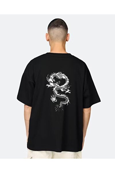 donamod Μαύρο μπλουζάκι Oversize Dragon Printed
