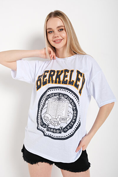 donamod Tricou alb oversize cu imprimeu Berkeley pentru femei