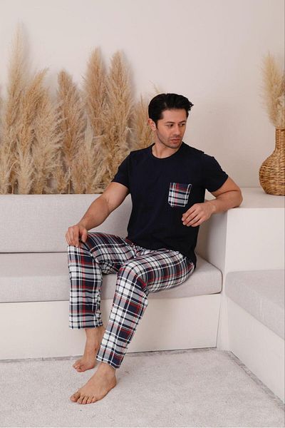 FENZO Men's Cotton Printed Bottom Top Checked Short Sleeve Pajamas Set
