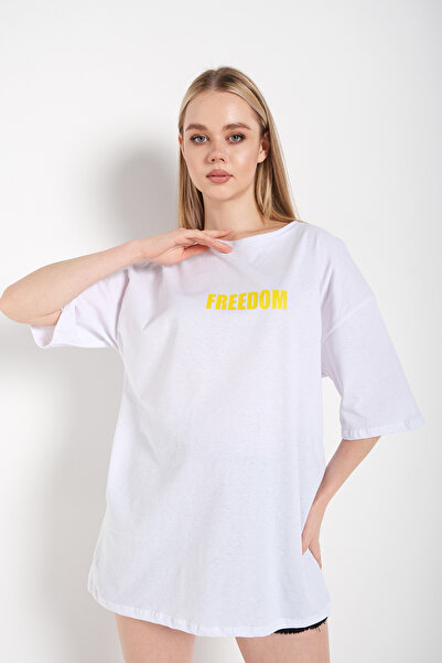 donamod Tricou alb oversize cu imprimeu Freedom pentru damă