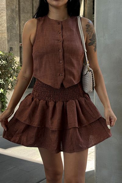 bacc Brown Buttoned Blouse and Gipeli Mini Skirt Linen Woven Bottom Top Set Bcbt-251012