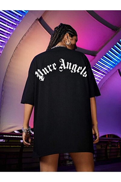 donamod Tricou negru Pure Angels cu imprimeu supradimensionat pentru damă