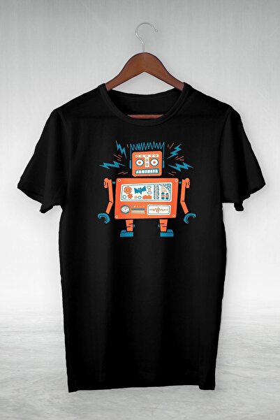 donamod Tricou negru pentru bărbați cu ilustrație robot șocat