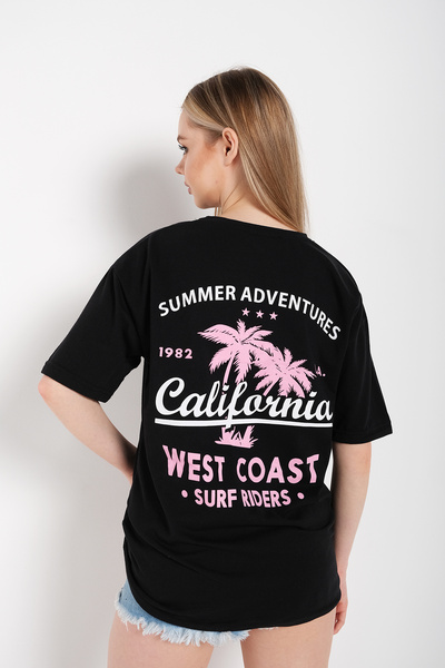 donamod تي شيرت نسائي أسود كبير الحجم مطبوع عليه كاليفورنيا