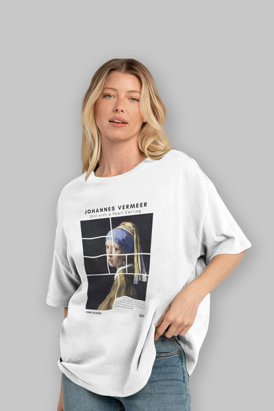 Ankhises Johannes Vermeer μπροστινό εμπριμέ μπλουζάκι Oversize Ανδρικό Γυναικείο Βαμβακερό μπλουζάκι με λαιμόκοψη