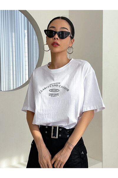 donamod Women's White Clarity And Candor Printed Oversize T-shirt