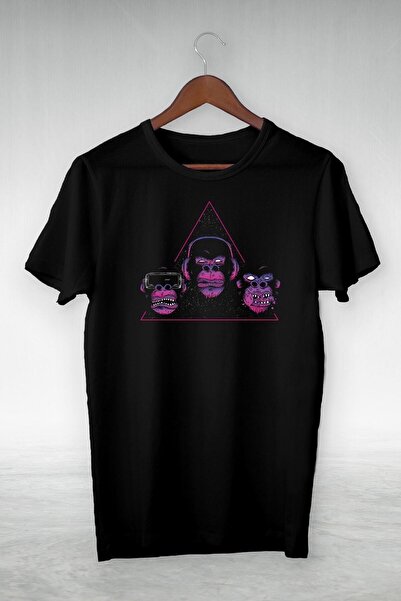 donamod Black - 3 Mones in a Purple Triangle Printed Illustration T-Shirt - V...