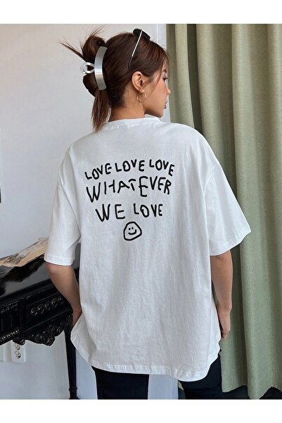 donamod Tricou oversize cu imprimeu Love Love Love alb pentru femei