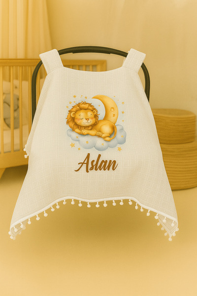 Moda Lime Kişiye Özel Aslan ve Ay Temalı Puset Örtüsü - Bebek İsimli Araba Ör...