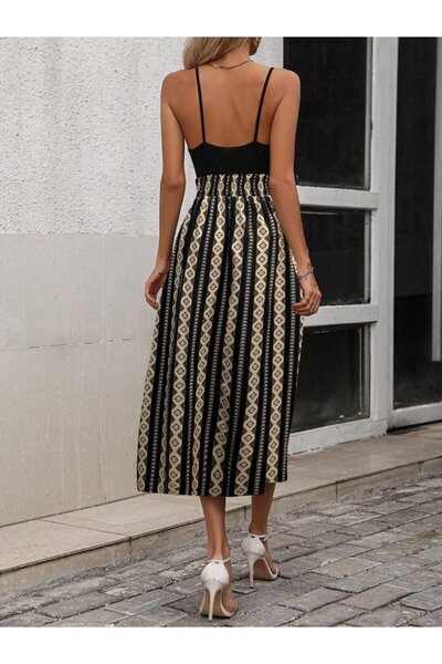 JANES Γυναικείο φόρεμα με λουράκι με διπλό γιακά με βισκόζη κάτω μέρος με σχέδιο