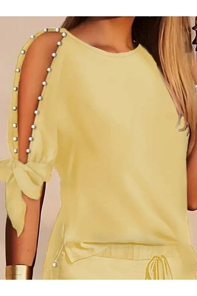 leyla sanat sanata yeni bir bakış açısı Leyla a New Perspective on Art Women's Short Sleeve Crew Neck Semi-Open Shoulder Pearl Detail S