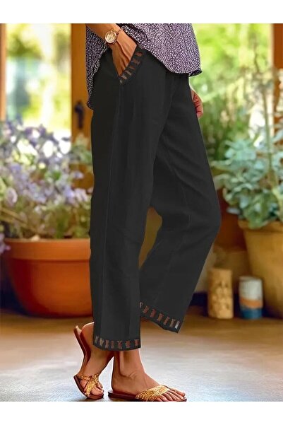 babatr.com Women's Elastic Waist Lace up Pocket and Trouser End Guipure Detailed Trousers