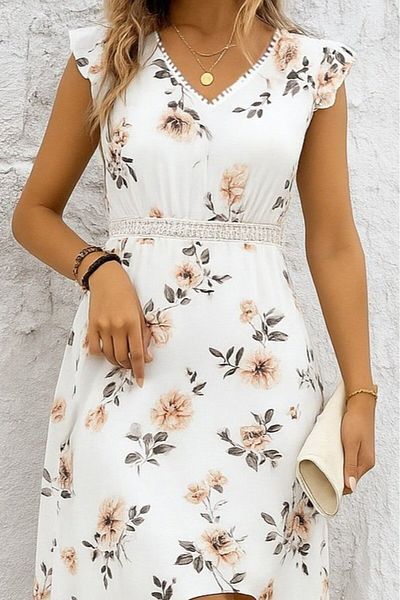 Kokosh moda Rochie Pegasus cu mâneci scurte, decolteu în V, cu imprimeu floral, scurtă în față, lungă în spate
