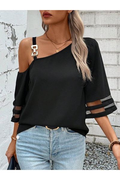 Viyamo Women's Strap Asymmetrical Cut Sleeve and Collar Tulle and Accessory Detailed Janjan Crepe Blouse