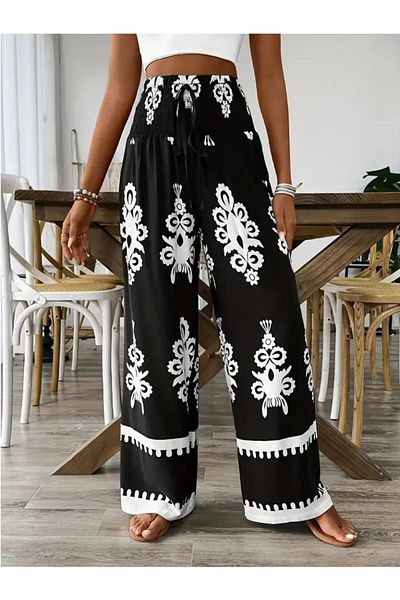 Viyamo Pantaloni de damă cu talie înaltă, cu model etnic, imprimați din jerseu