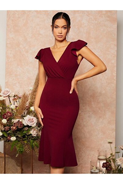 MODA Nnstartshopping Women's Short Butterfly Sleeve Double-Breasted Collar Imported Crepe Midi Dress