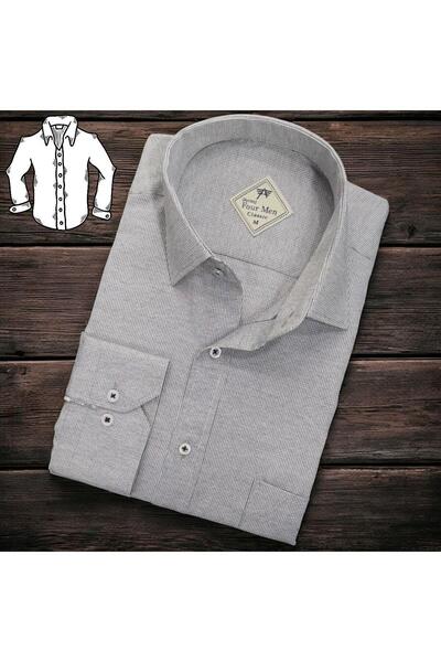 EREN STYLE Κλασικό λινό 100% βαμβακερό μακρυμάνικο πουκάμισο γκρι με μονή τσέ...