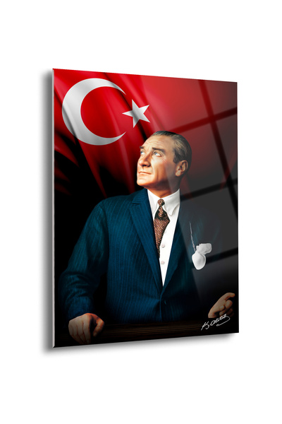 Shiny Art Atatürk Türk Bayrağı Temalı Cam Tablo – Renkli Portre & İmza Detayl...