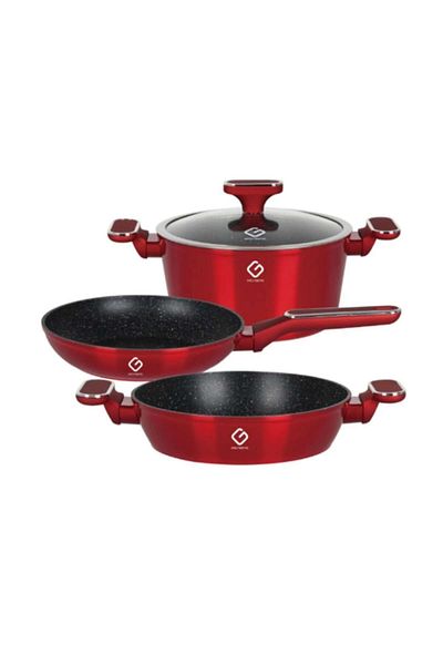 OEM Set 2 x 3 Aluminum Pots and Glass Lids, Red, Induction Stove Compatible, Grunberg