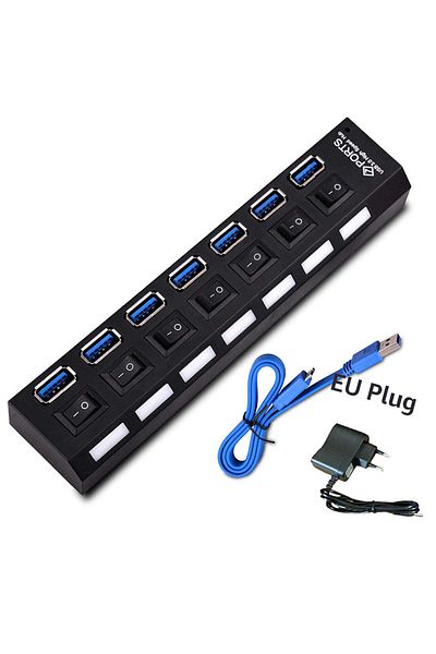 Ninth World 7 Port Black With EU Multi Ports USB HUB 3.0 4/7 Ports Portable Super Speed 5Gbps Multiple USB Port